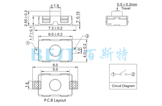 輕觸開關(guān)TS-1181GJ參考圖紙